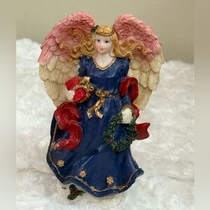 Elegant Angel Figurine with Blue Dress and Pink Wings